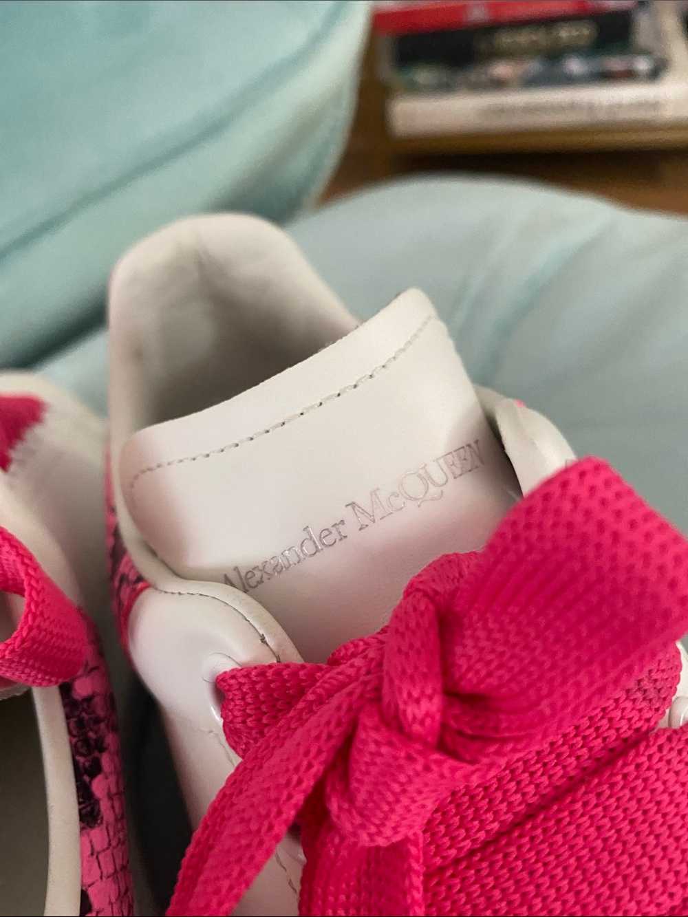 Alexander McQueen White Sneakers with Hot Pink Laces & Pink Snake-Print Heel - Picture 6 of 6